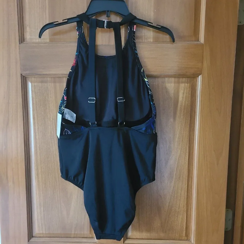 Eco Beach Women's High Neck One-Piece Swimsuit Color Black/Multi Size Large NWT